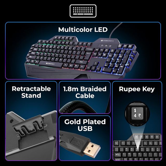 Zebronics Optimus Gaming Keyboard & Mouse Combo Upto 3600 Dpi 6 Buttons Led 117 Keys Black
