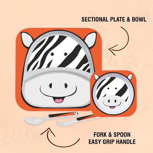 Cello Kids Meal Melamine Dinner Set with Zebra Print | Orange, Set of 4 (Assorted)