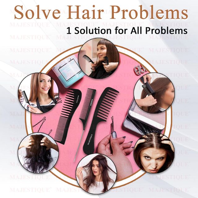 Majestique Professional Wide Tail Comb - 3Pcs | Black