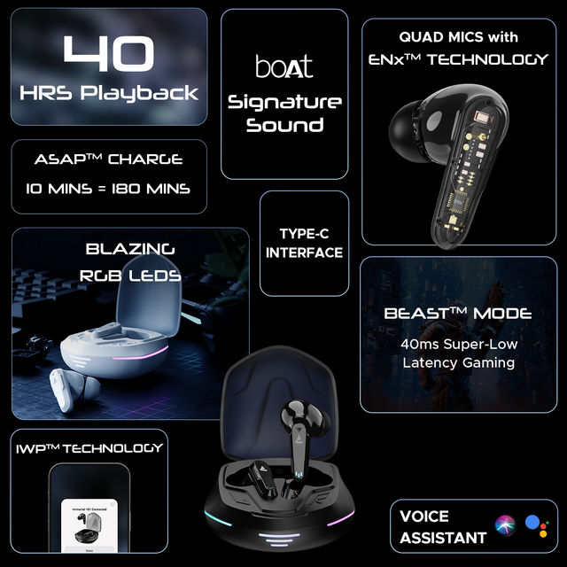 boAt Immortal 181 TWS Earbuds for Gaming w/ 40H Playtime, BEAST Mode & RGB LEDs (Black Sabre)