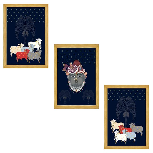 Indianara Pichwai Art Lord Shrinathji ji & Cows Wall Hanging, Set of 3, Black Frame