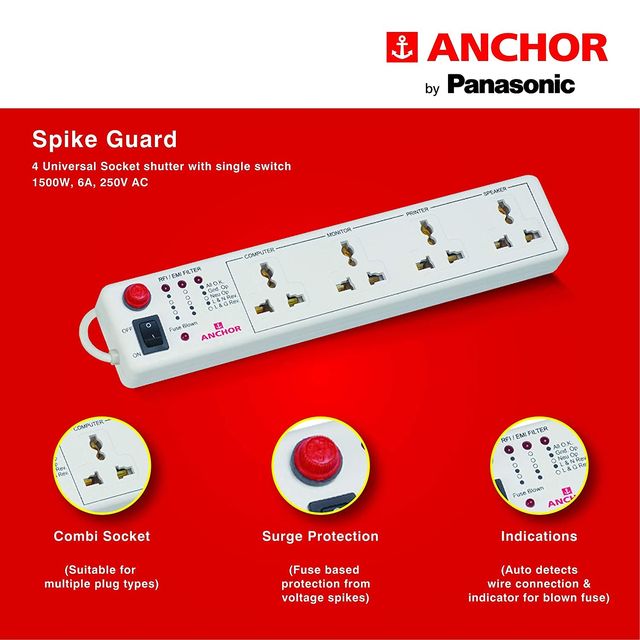 Panasonic 6 Amp Extension Board With 4 Way Universal Socket, 1 Single Switch & 4 Mtr Wire