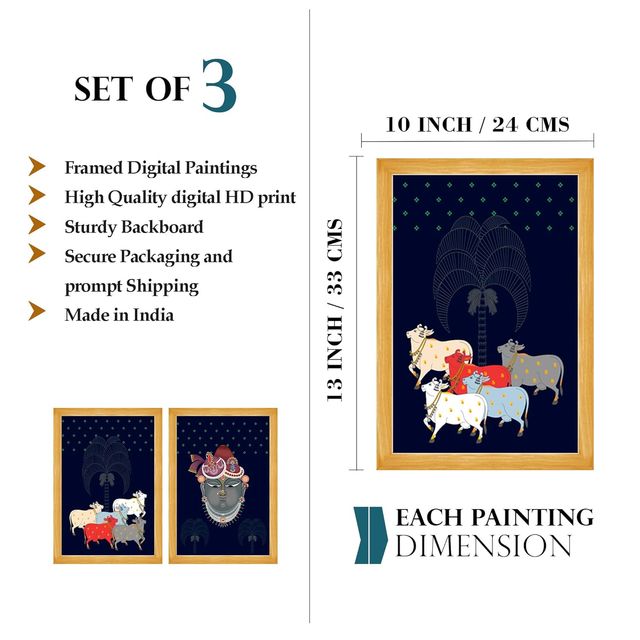 Indianara Pichwai Art Lord Shrinathji ji & Cows Wall Hanging, Set of 3, Black Frame