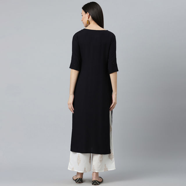 Libas Women Black Rayon Embroidered Mirror Work Straight Kurta - 12077OXL
