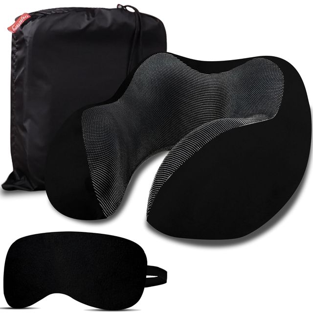 Trajectory Unisex Solid Polyester Neck Pillow with Eye Mask | Black - One Size