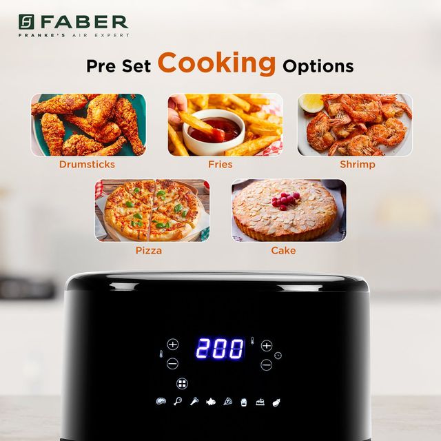 Faber 6L 1500W Digital Air Fryer | 360 Air Cooking, 8 Preset Menu, LED Display, View Window | Black