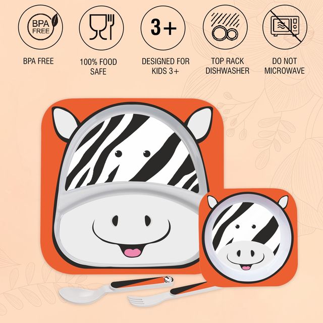 Cello Kids Meal Melamine Dinner Set with Zebra Print | Orange, Set of 4 (Assorted)