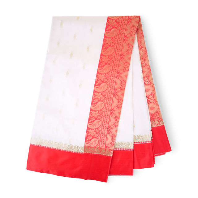 India Silk Emporium Banarasi Silk Saree | White With Red Border - Style 3