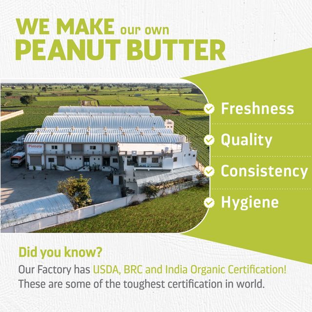 Pintola Organic Unsweetened Peanut Butter Creamy - High Protein 30G & 9G Dietary Fiber