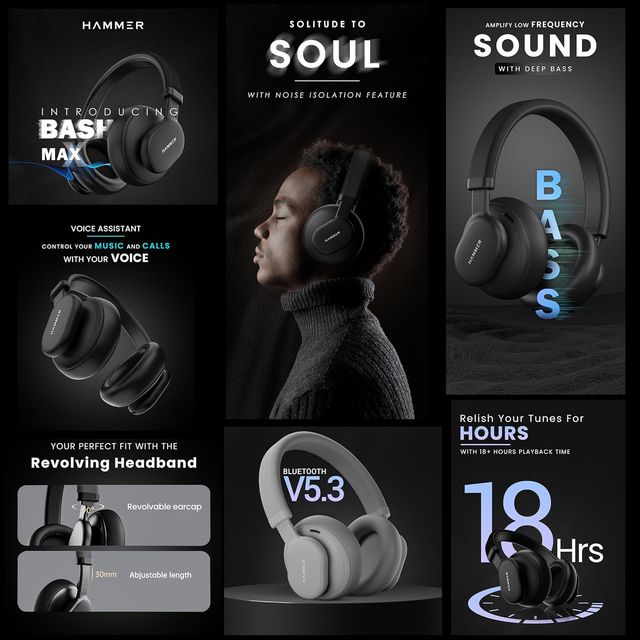 Hammer Touch Control Bash Max Over The Ear Wireless Bluetooth Headphones With Mic - Cool Grey