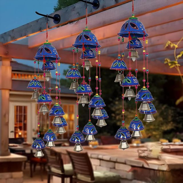 Kuber Industries Pack of 2  Rajasthani Handcrafted Windchimes | 8 Bells | Blue