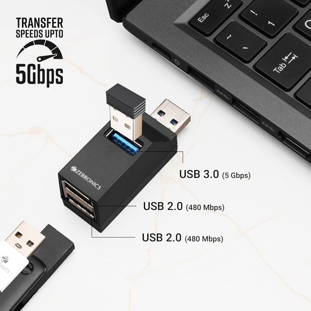 Zebronics 180Hb Usb Hub 3 Ports Usb 3.0 Upto 5 Gbps Speed Multi Os Compatible Plug & Play