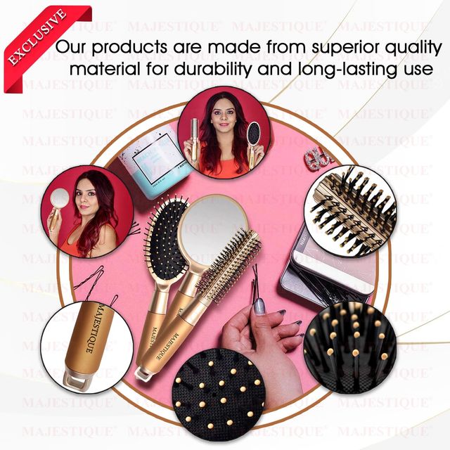 Majestique Round and Oval Cushion Hair Brush Set - Soft Nylon Bristles for All Types | 3Pcs | Gold