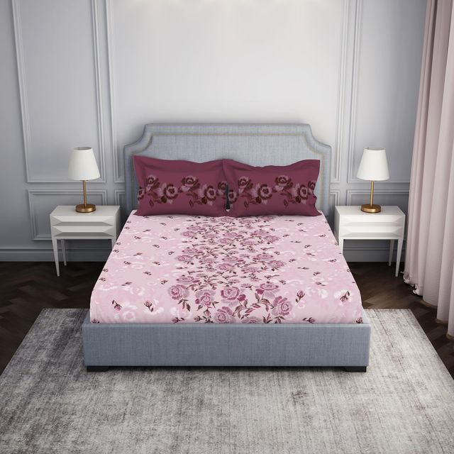 Spaces 144 Tc 100% Cotton Bedsheet For Double Bed With 2 Pillow Cover -Pink-1074551