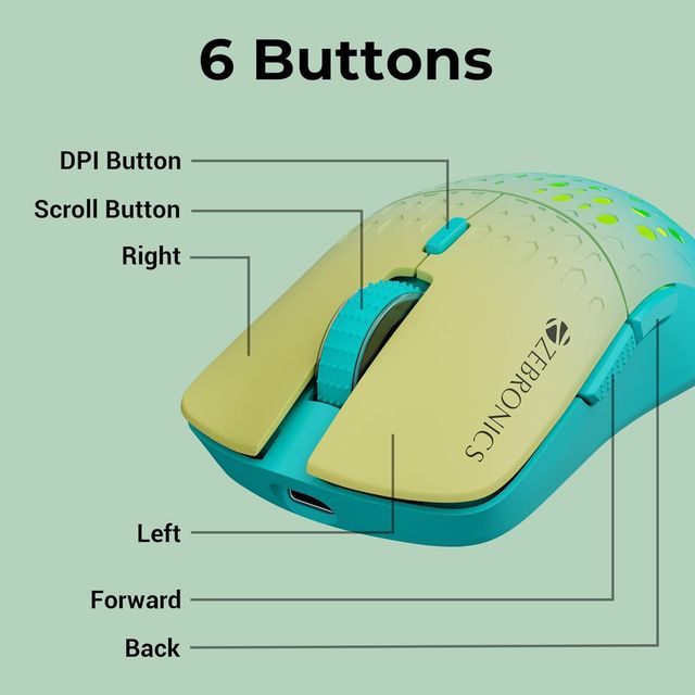 Zebronics Marine Wireless Mouse With Rechargeable Battery, Bt + 2.4Ghz, 6 Buttons, 4 Dp (Green)