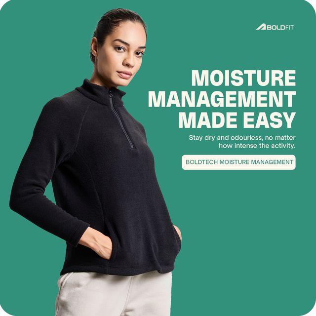 Boldfit Women's Sweatshirt Half Zipper Heavy Fleece Thermal Pullover | Aero Black - XL