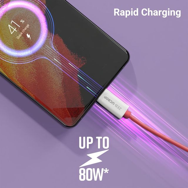 Zebronics Uc80P Usb - Type C Cable 80 Watts Rapid Charging Charge & Sync 1 Meter - White And Red