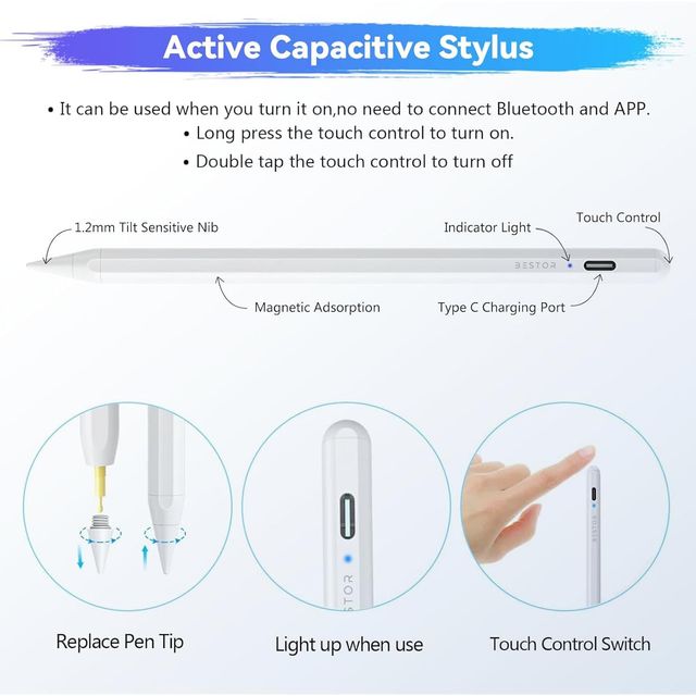 Bestor Universal Active Stylus Pen-Rechargeable,Magnetic Design,Precision Tip for Drawing and Note-Taking on Smartphones & Tablets