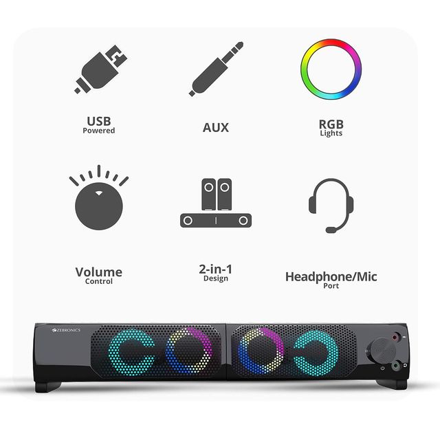 Zebronics Wonder Bar 10 Usb Powered 2.0 Computer Speaker, wired With Rgb Lights