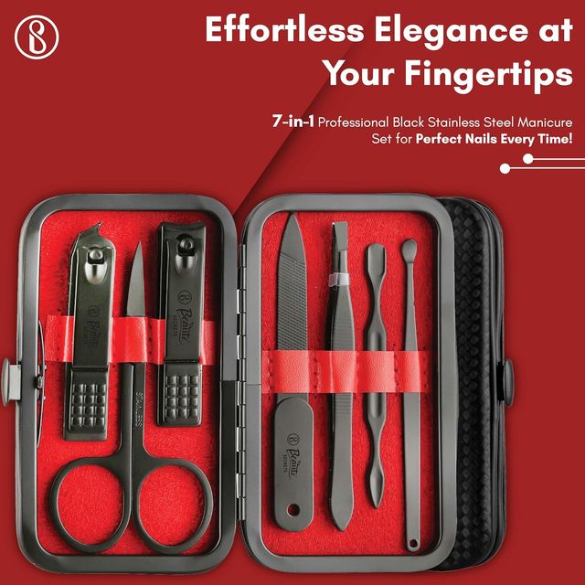 Beaute Secrets 7 in 1 Manicure set Professional Black Stainless Steel Nail Clipper Kit