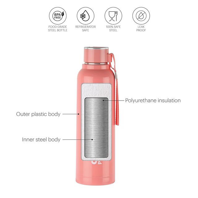 Cello Stainless Steel Puro Steel X Benz 900 Bottle | Pink - 650 ml