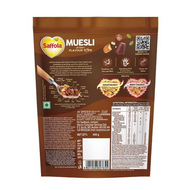Saffola Muesli Choco Crunch With Flavour Pops, Fruits, Nuts, Seeds, Millets (15 In 1)