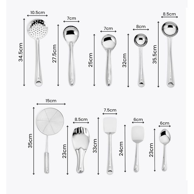 Classic Essentials Stainless Steel Cooking and Serving Spoon Set 10 Pcs Kitchen Tool Set Silver
