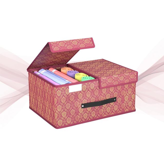 Kuber Industries Golden-Printed Small Foldable Wardrobe Organizer with Double Lid | Maroon