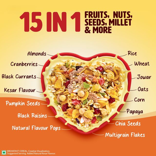 Saffola Muesli Kesar Crunch With Flavour Pops | 15 In 1 Fruit And Nuts | Seeds, Millet & More