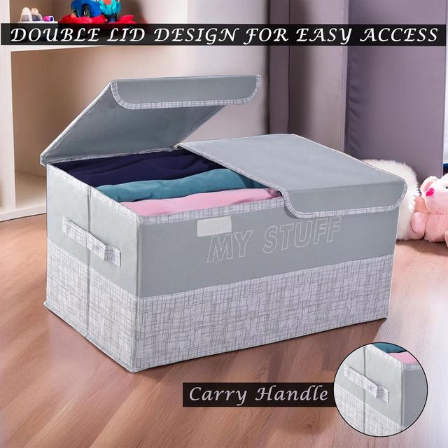 Kuber Industries 2 Compartments Foldable Double Lid Large Clothes Wardrobe Organizer | Grey