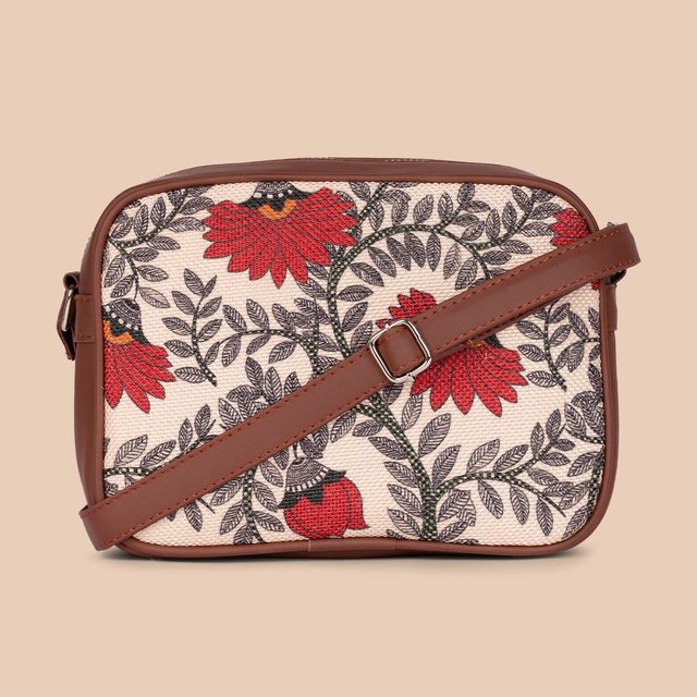 Zouk Women's Floral Vegan Leather and Handcrafted Fabric 2.4 L Sling Bag | Beige and Red - One Size