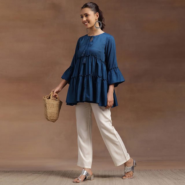 Libas Women's Embellished Silk Blend A-line Kurti | 29142 29142 | Blue - XL