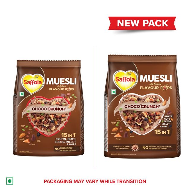 Saffola Muesli Choco Crunch With Flavour Pops 15 In 1 Fruit And Nuts