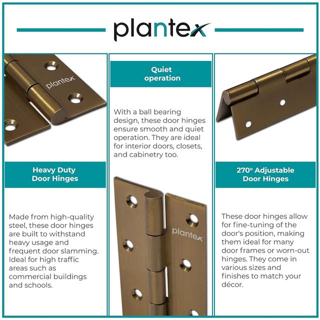 Plantex Heavy Duty 5" Stainless Steel Door Hinges, 12 Gauge, Brass Antique Finish - Pack of 3