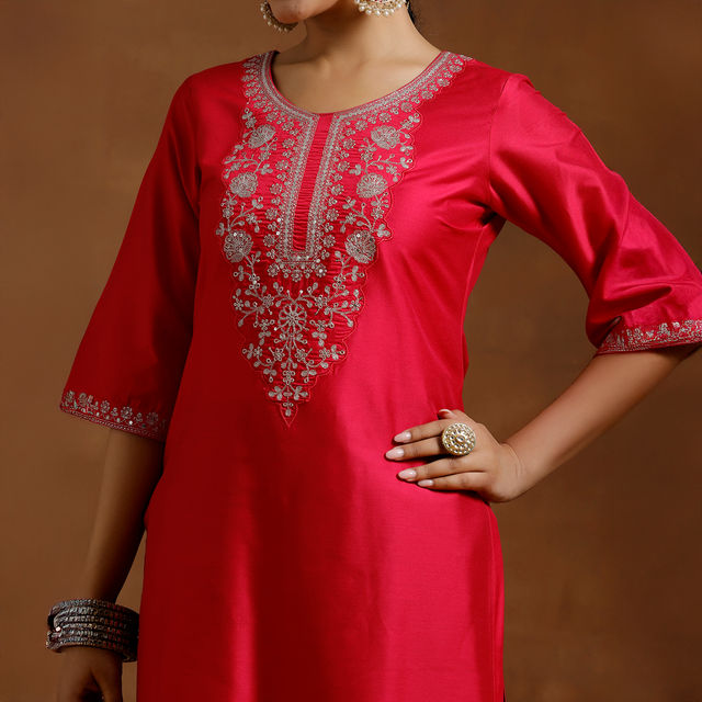 Libas Women's Zaridori Embroidered Straight Kurta | G2732 | Pink - L