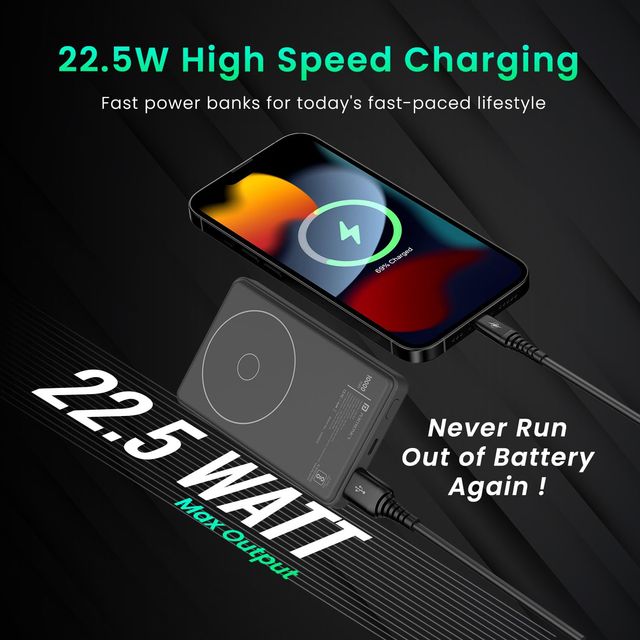Portronics Luxcell Wireless Mini 10k 10000mAh 15W Magnetic Wireless Fast Charging Power Bank -Black