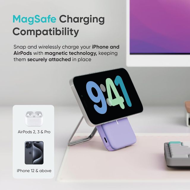 Ambrane 10000mah Magsafe Fast Wireless Power Bank for All Qi Enabled Devices (Pb11, Purple)