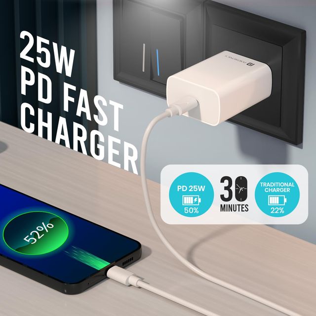 Portronics Adapto 25 Pro 25W Fast Charging Type C Adapter with Type C Charging Cable,Type C Devices