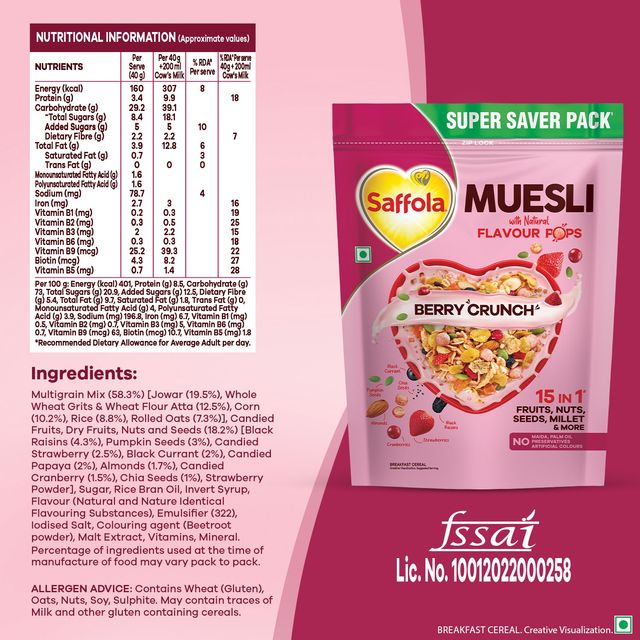 Saffola Muesli Berry Crunch With Flavour Pops | 15 In 1 Fruit And Nuts, Seeds | Millet & More