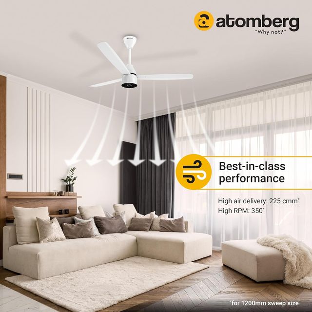 Atomberg Renesa Enzel BLDC Ceiling Fan, 1200mm, Remote Control & LED Indicators, Gloss White