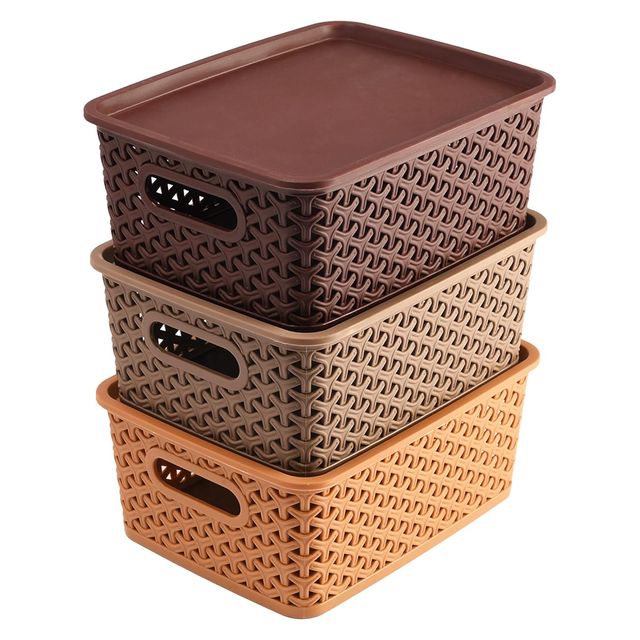 Kuber Industries Pack of 3 Plastic Multipurpose Solitaire Storage Basket with Lid|(Multi)