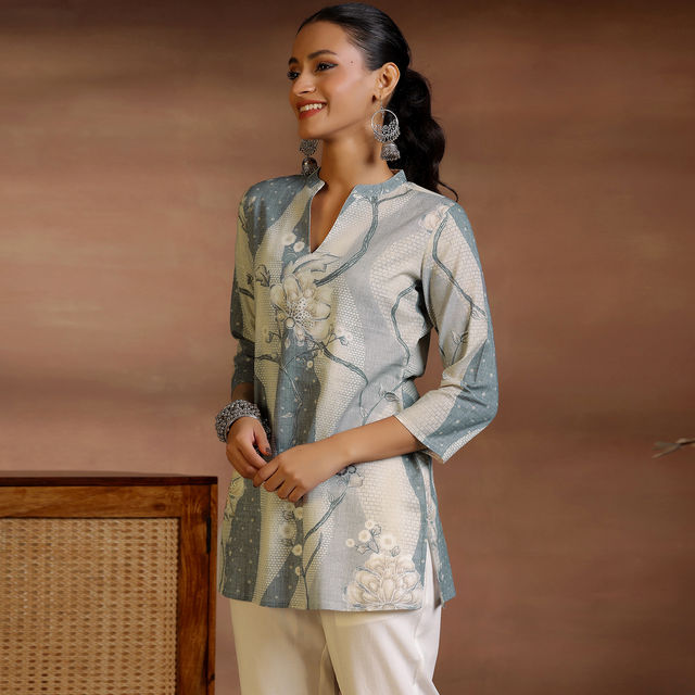 Libas Women's Printed Cotton Blend Straight Kurtis | 58157O 58157OL | Off White - L