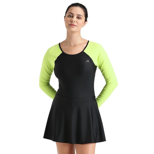 Boldfit Swimming Costume For Women One Piece Peplum Swimsuit Skirt Style Blackgreen - M