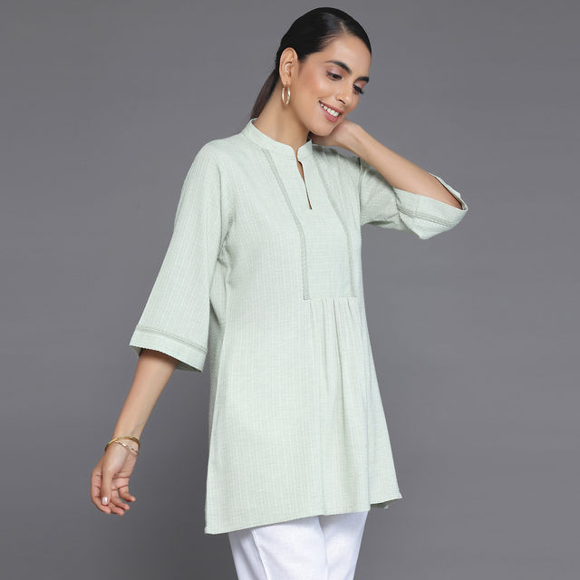 Libas Women's Green Woven Design Cotton Blend Straight Kurti | 26899 - XL