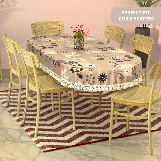 Kuber Industries 60x90 In PVC Oval Dining Table Cover 6 Seater | Flower Circle - Light Brown