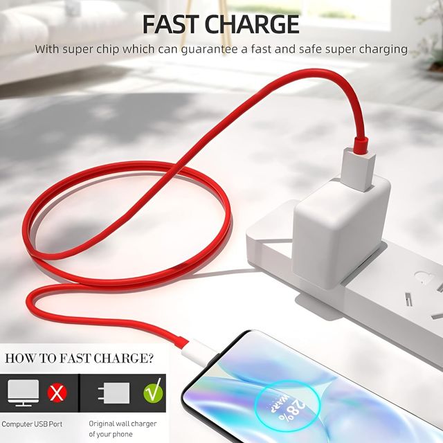 Sounce 80W OnePlus Charging Cable Usb To Type C Warp Charger SuperVooc/Dash Fast Charge - 6ft, Red