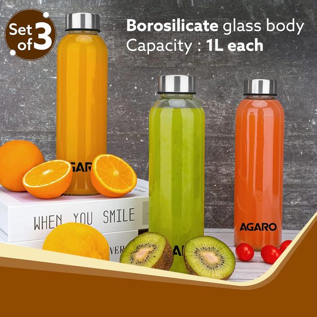 Agaro Elite Borosilicate Glass Bottles Pack of 3, 1L Each, Transparent, Hot & Cold