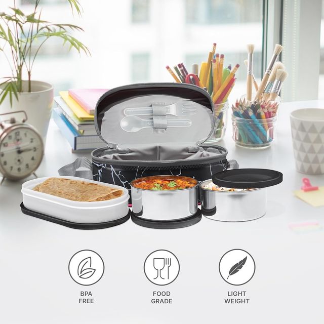 Milton Executive Lunch Box, 2 Round Containers, 280 Ml Each, 1 Oval Container, 450 Ml, Black