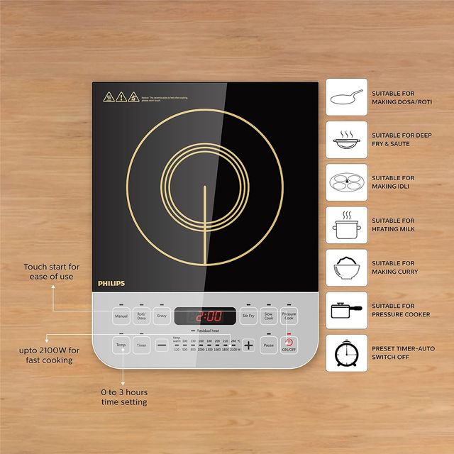 Philips Viva 2100 Watt Induction Cooktop - Soft Touch Button-HD4928