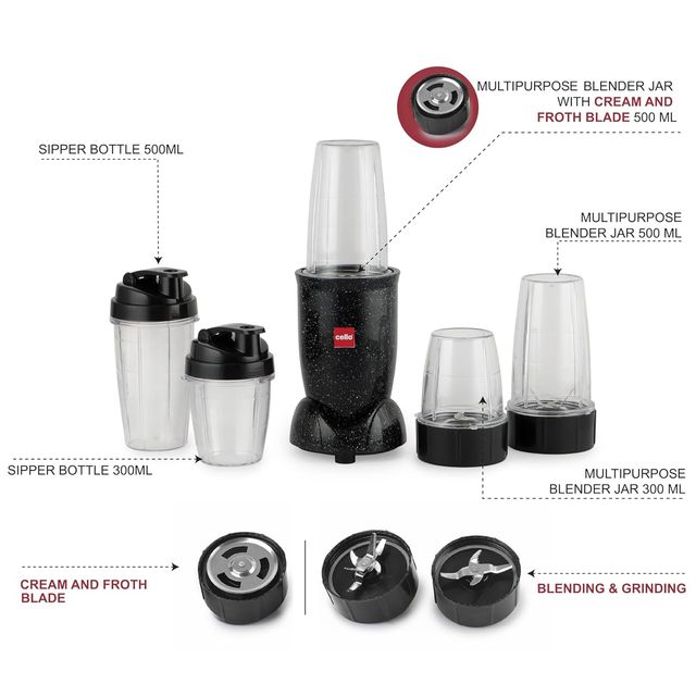 Cello Frutomix Nutriblend Pro Max Set Of 6, Black, 3 Multipurpose Jar & 2 Sipper Bottle, 500W